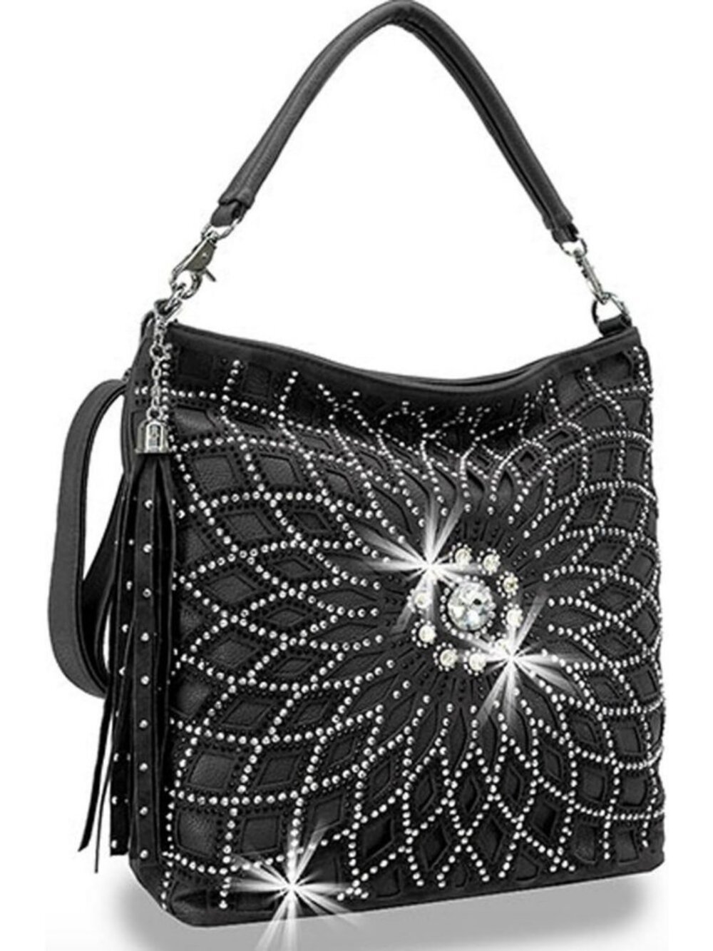 Large Rhinestone Hobo Bag with Shoulder Strap - Stylish Star Flower Design